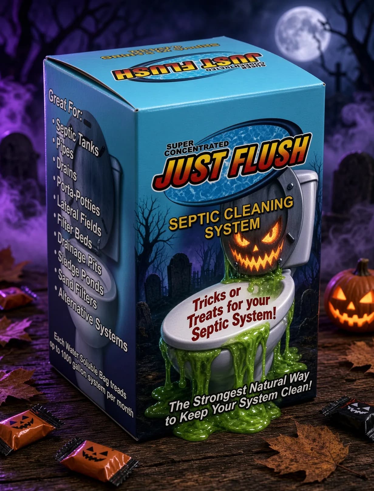 Halloween Just Flush box with a jack-o'-lantern toilet